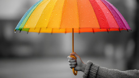Protection concept: hand holding rainbow umbrella distinctively unique.の素材