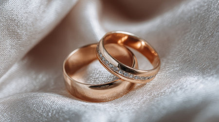 Wedding rings on white silk fabric, soft light, close-up shot, romantic theme.の素材
