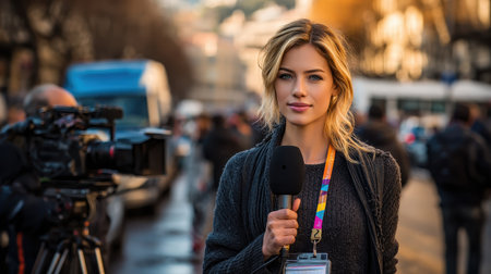 News anchor reading headlines live in bright studio under cameras.の素材