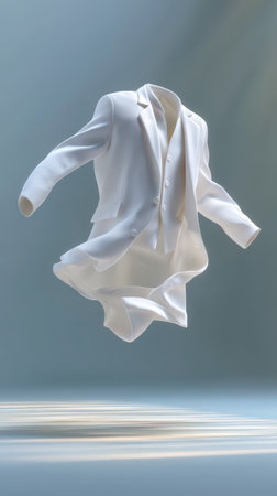 white business suit floating horizontally in the air.の素材