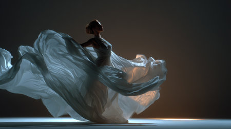Woman dancing in slow motion with flowing fabric, studio light, art-fashion .の素材