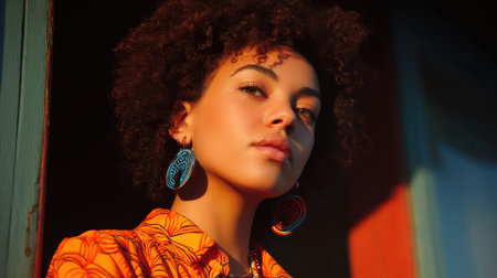 Young woman with afro hairstyle wearing bold colors, standing in natural light, vibrant lifestyle shot.の素材