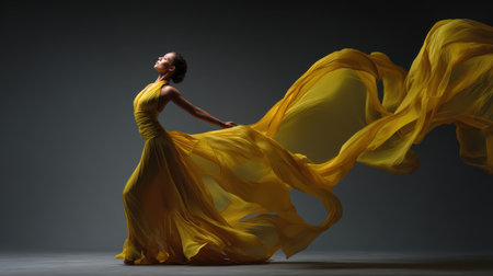 Woman dancing in slow motion with flowing fabric, studio light, art-fashion .の素材