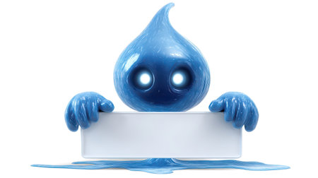 A blue alien shaped like a droplet of water, with reflective smooth skin and two luminous white eyes.の素材