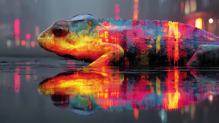 chameleon blending into a cyberpunk city wall, neon reflections on wet surface, unexpected fusion.の素材
