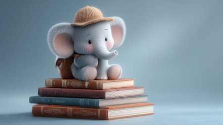 Elephant cartoon character with book stack.の素材