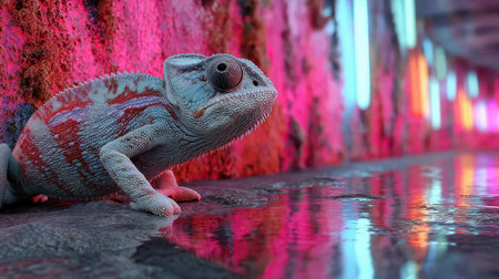 chameleon blending into a cyberpunk city wall, neon reflections on wet surface, unexpected fusion.の素材