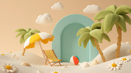 bright and cheerful illustration of a summer beach scene with playful, cartoon-style elements.の素材