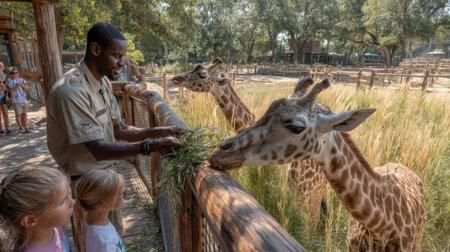 A cheerful zookeeper in khaki uniform extends a leafy branch toward giraffe over a wooden fence. .の素材