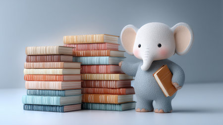 elephant and stack of books on white background. 3d illustrationの素材