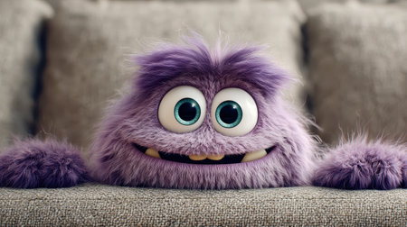 Funny purple furry monster with big eyes, sitting on a sofaの素材