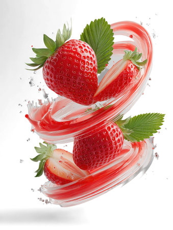 strawberries and bright slices, suspended in a dynamic spiral of red juice splashes.の素材