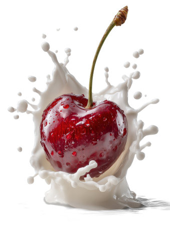cherries falling in milk splash on white background.の素材
