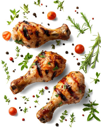 Spicy grilled chicken legs or drumsticks flying with herbs and spices.の素材