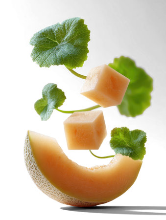galia melon with slices and leaves.の素材