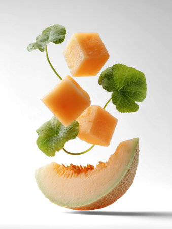 galia melon with slices and leaves.の素材