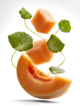 galia melon with slices and leaves.の素材