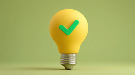 yellow light bulb with green correct mark .の素材