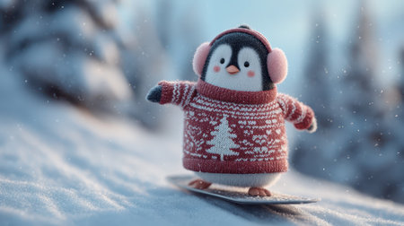 playful cartoon penguin sliding down a snow-covered hill on a shiny silver tray.の素材