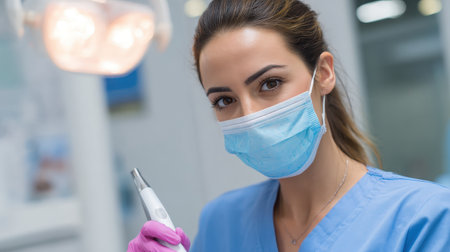 Dentist Examining Patient's Teeth" A dentist in white coat checking a patient's teeth with a mirror tool, bright dental clinic, calm and clean atmosphereの素材