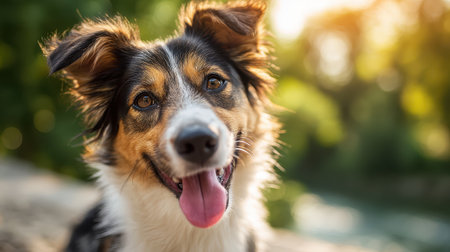 Happy dog with tongue out in sunny park, joyful pet momente.の素材