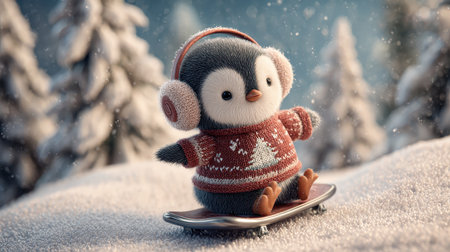 playful cartoon penguin sliding down a snow-covered hill on a shiny silver tray.の素材