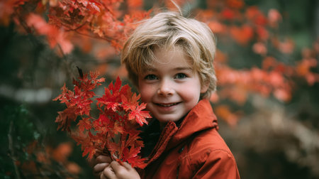 Portrait of a little boy with a bouquet of red autumn leaves.の素材