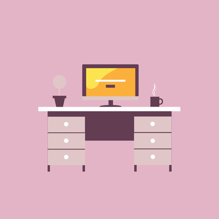 Flat design concept of workspace with computer on background.のイラスト素材