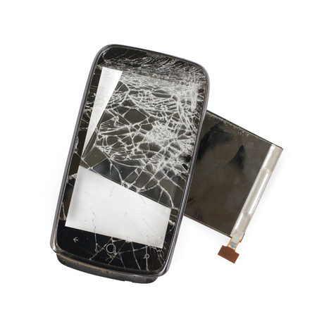 broken phone black , cracked glass breakageの写真素材