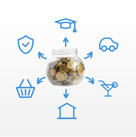 Saving or planning for insurance, education, leisure, shopping, auto, real estate, banner, illustration.Personal money saving planning info concept.の写真素材