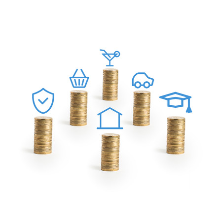 Money for school, a house, cars, shopping, leisure, insurance. Personal money saving planning info concept.の写真素材