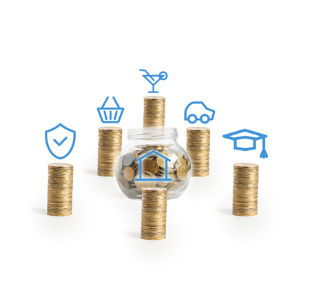 Personal money saving planning info concept. Money school house car study stay  insurance.の写真素材