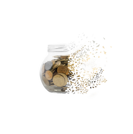 Bank with coins to crumble into small pieces. Symbolizes bankruptcy, loss, economic crisis,inflation.の写真素材