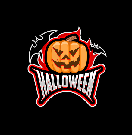 pumpkin and the inscription Halloween with bats. icon, illustrationのイラスト素材