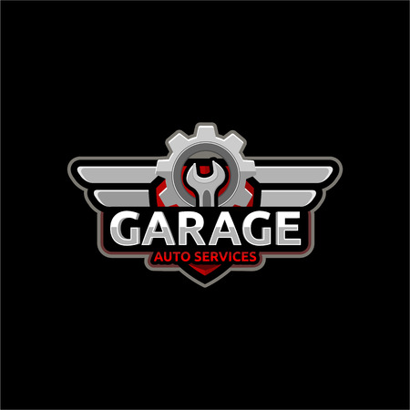 Wrench and gear on a red background shield. Vector.のイラスト素材