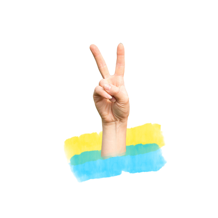 Hand showing victory sign on the Ukrainian flag background, illustration, background, image, banner, posterの写真素材