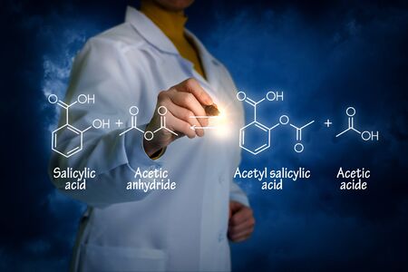 Biochemist writes Synthesis of acetylsalicylic acid concept.の写真素材