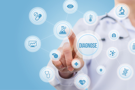 On the virtual screen, the doctor conducts the test.の写真素材