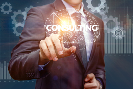 Business man touched consulting on virtual screen.の写真素材