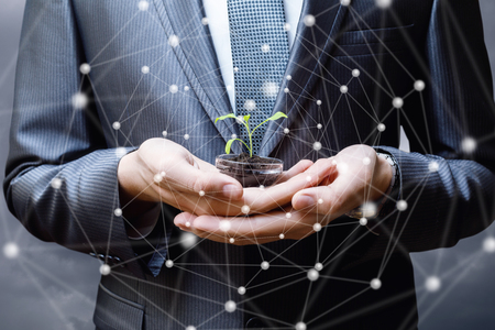 Businessman holding plant sprout in her hands. The concept of investment.の写真素材