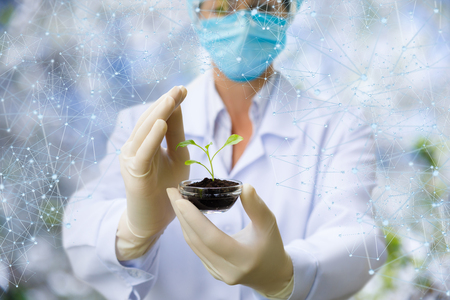 Sample shows a researcher in the mask on the blurred background.の写真素材