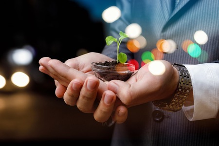 Businessman showing plant on the background of night city. Concept of growth and development investments.の写真素材