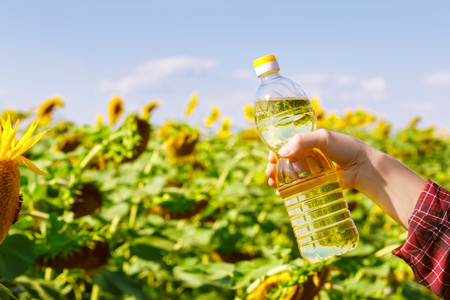 Bottle of vegetable oil in the hand on the background of sunflowers .の写真素材