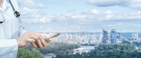 Doctor dealing with the location of medical institutions in the network.の写真素材
