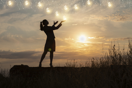 Businesswoman showing a network with dollar signs. The concept of earnings in the network.の写真素材