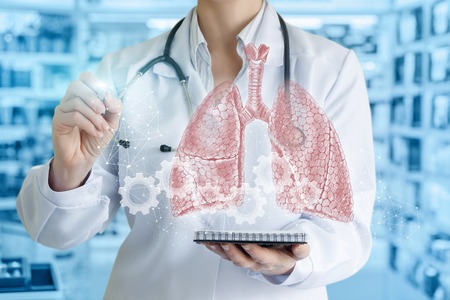 A doctor is operating with the lungs model scheme at the laboratory background.The concept is the...
