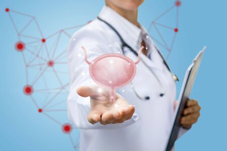 Worker of medicine shows bladder on a blue background.