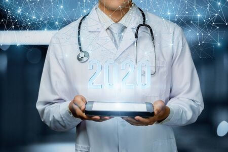 Doctor shows figures by 2020. The concept of new year in medicine.