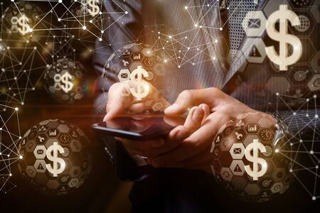 Businessman running on the network with Finance on a dark background.