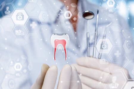 Concept dental services. Doctor shows a tooth model on blurred background.の写真素材